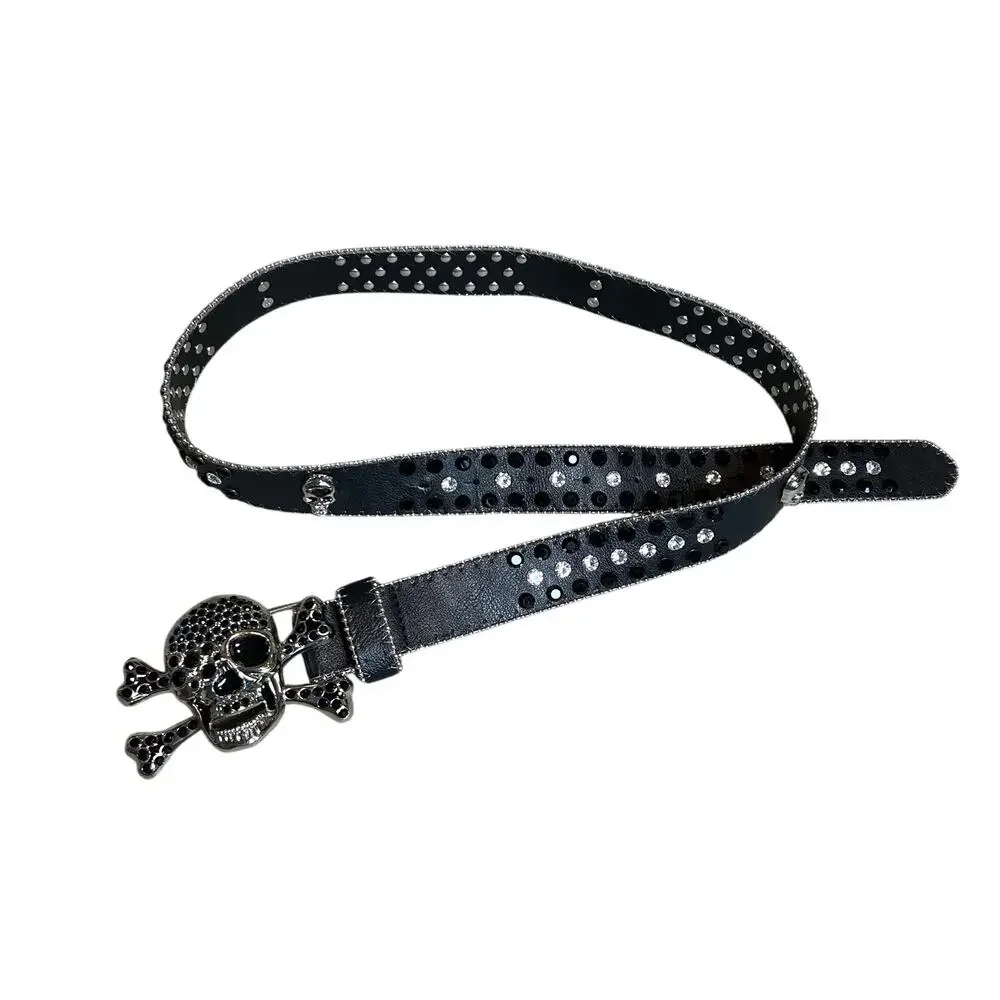 Pirate Belt Silver Rhinestone Skull Black Leather Glam Rock Goth Y2K Punk Grunge
